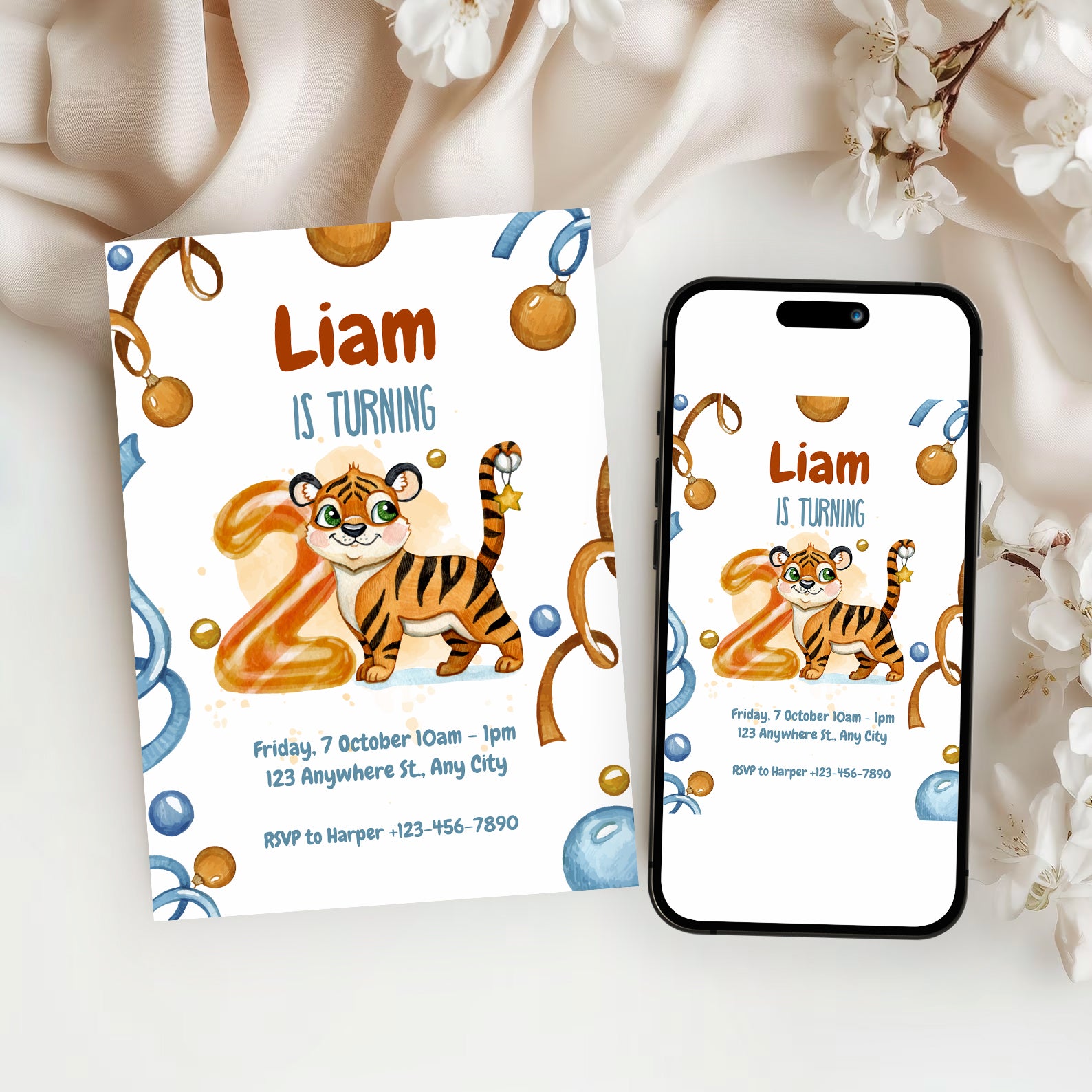 Wild & Cute Tiger 2nd Birthday Invitation – Editable Canva Template