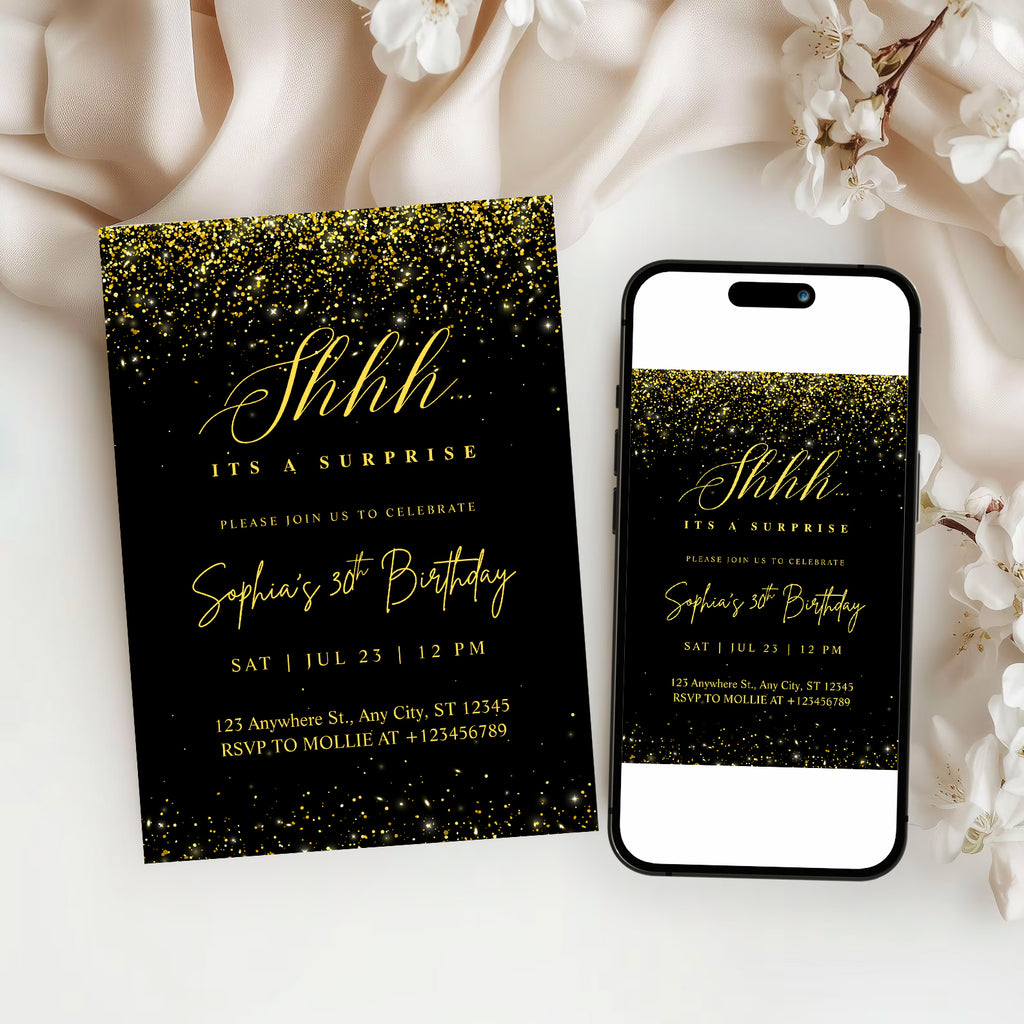 Elegant Black & Gold Surprise Birthday Invitation – Editable Canva Template