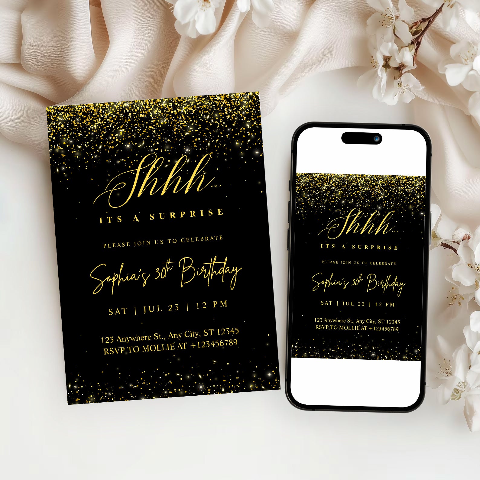 Elegant Black & Gold Surprise Birthday Invitation – Editable Canva Template
