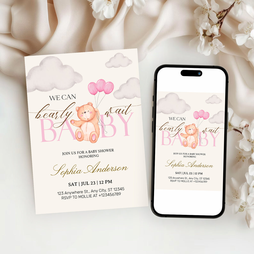 We Can Bearly Wait Pink Teddy Bear Baby Shower Invitation – Editable Canva Template