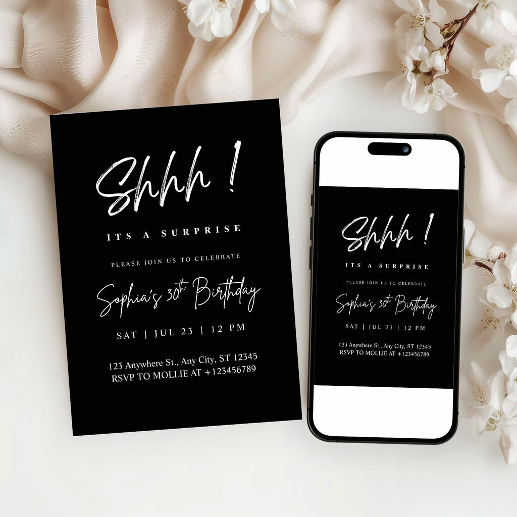 Elegant White Calligraphy Surprise Party Invitation – Editable Canva Template