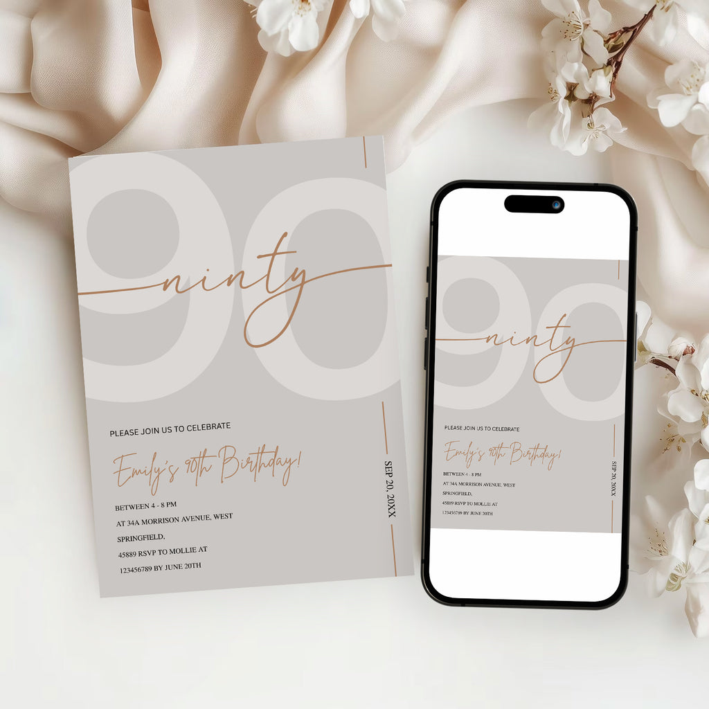 Modern Beige & Gold 90th Birthday Invitation – Editable Canva Template