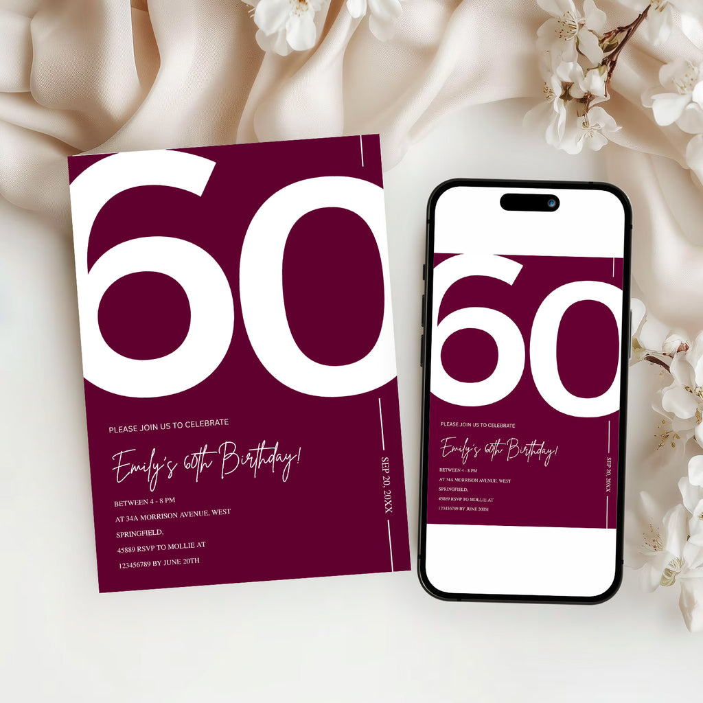 Elegant Burgundy 60th Birthday Invitation Template | Chic Sixty Milestone Party Invite | Editable & Instant Download