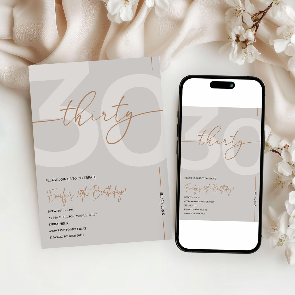 Modern Beige & Gold 30th Birthday Invitation – Editable Canva Template