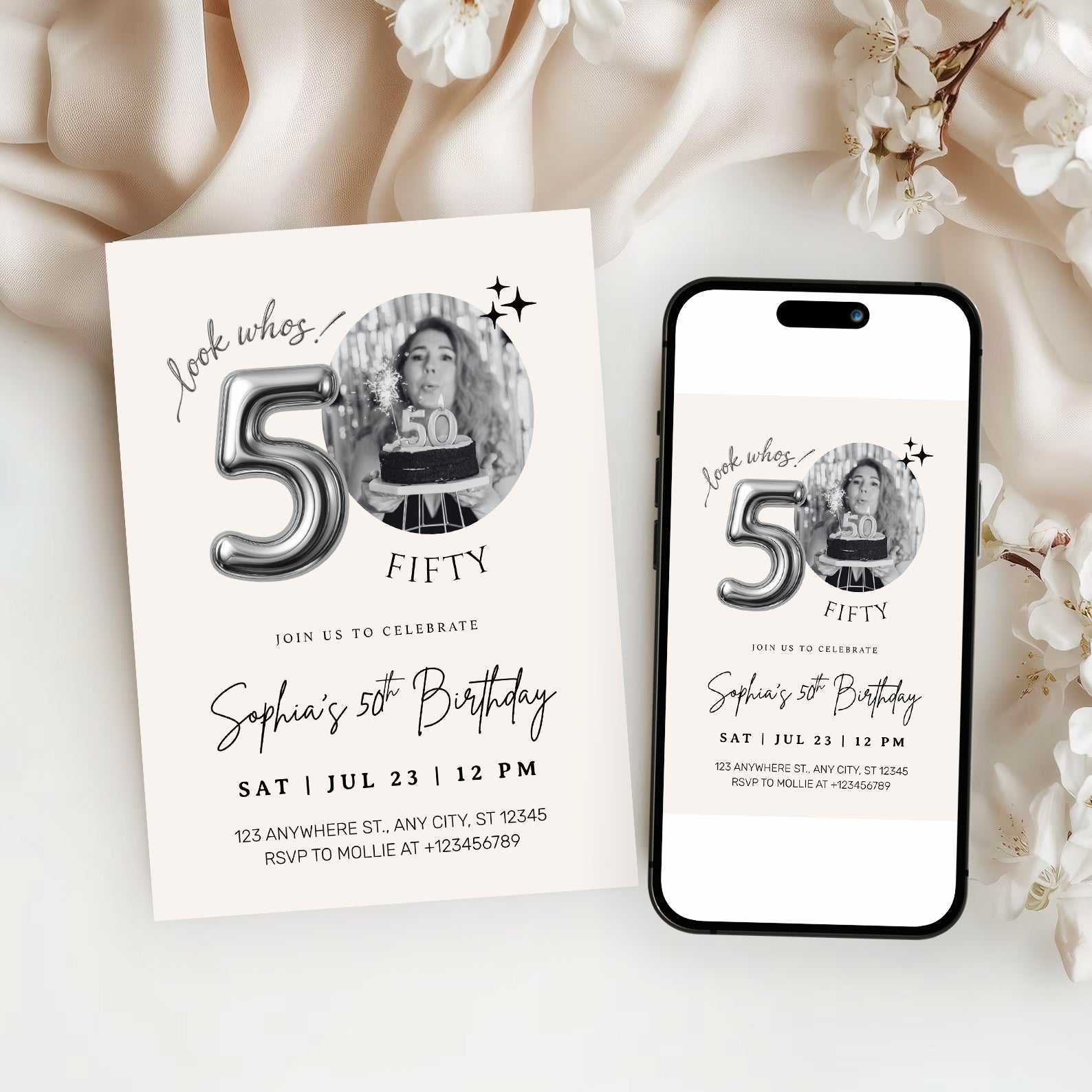 Editable 50th Birthday Photo Invitation Canva Template Silver Balloon Minimalist Party Invite Instant Download