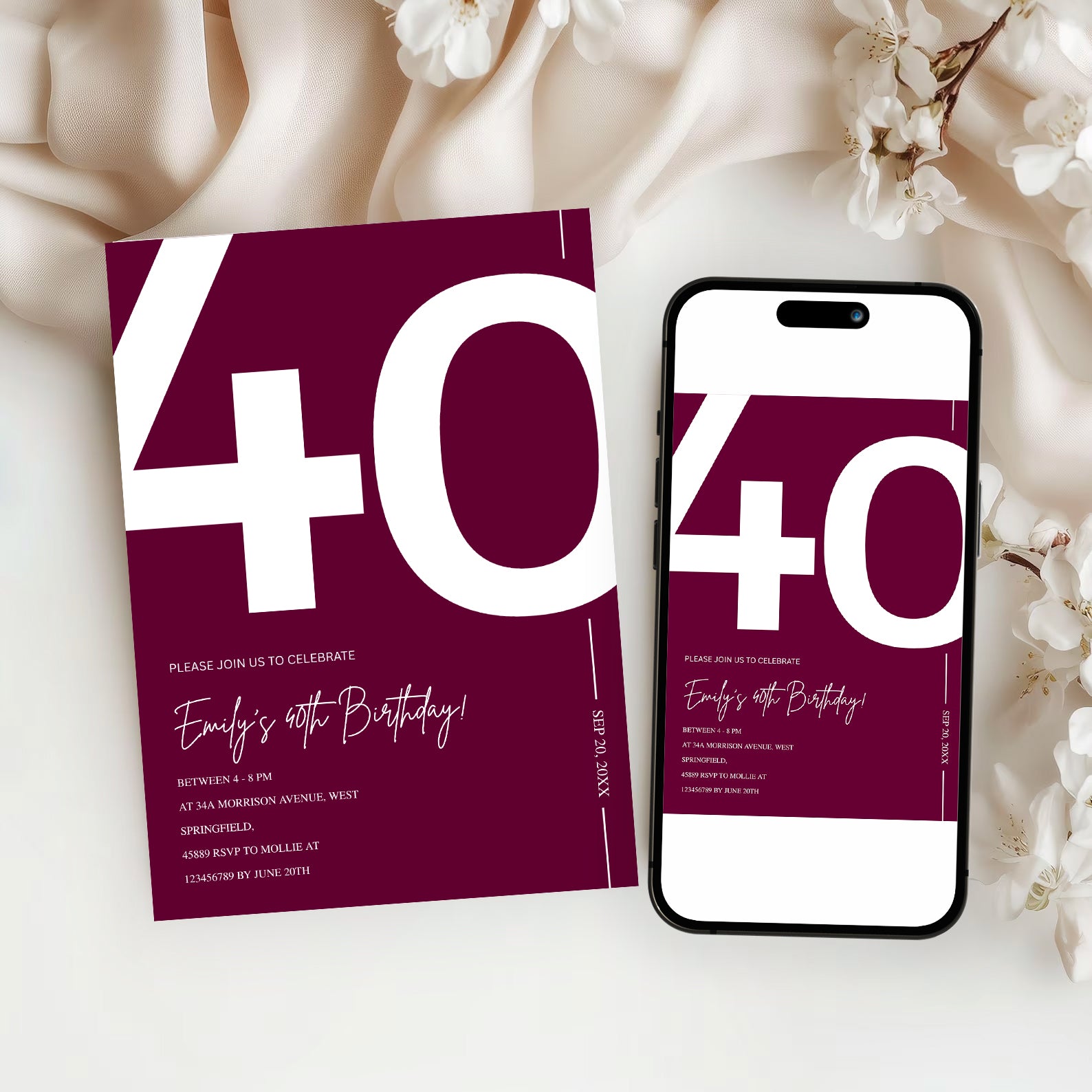 Elegant Burgundy 40th Birthday Invitation Template | Chic Forty Milestone Party Invite | Editable & Instant Download