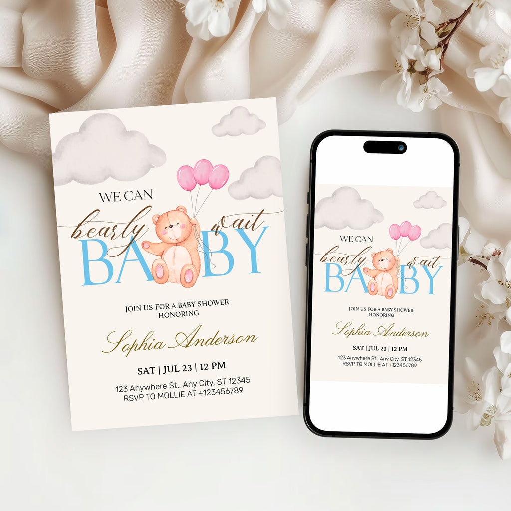 We Can Bearly Wait Pink & Blue Teddy Bear Baby Shower Invitation – Editable Canva Template