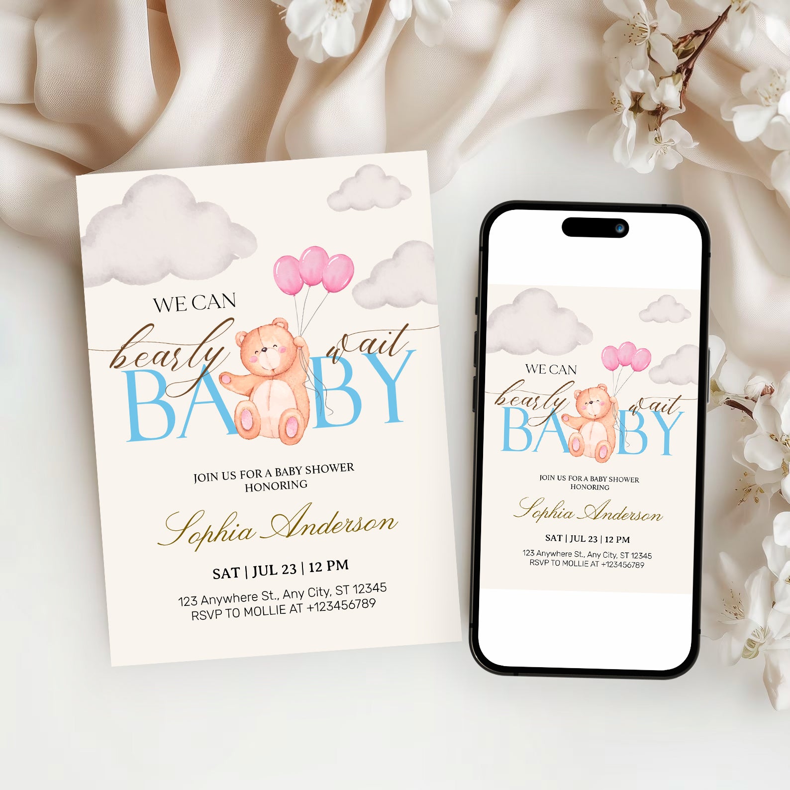 We Can Bearly Wait Pink & Blue Teddy Bear Baby Shower Invitation – Editable Canva Template