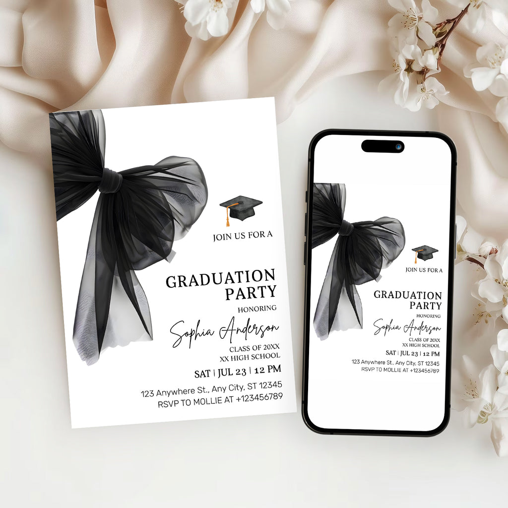 Elegant Black Bow Graduation Party Invitation – Editable Canva Template
