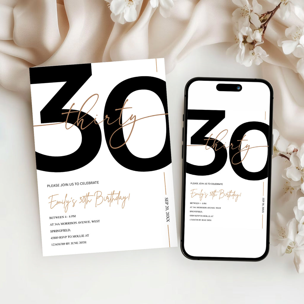 Modern Minimalist White & Gold 30th Birthday Party Invitation – Editable Canva Template
