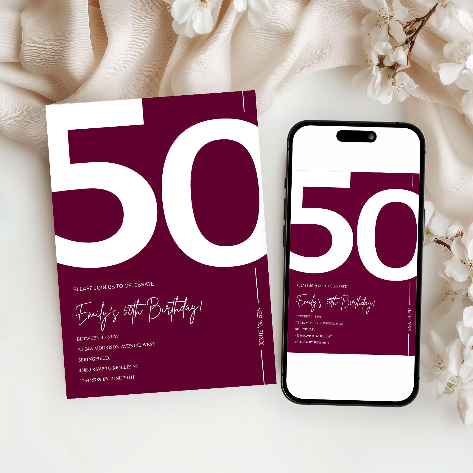 Elegant Burgundy 50th Birthday Invitation Template | Chic Fifty Milestone Party Invite | Editable & Instant Download