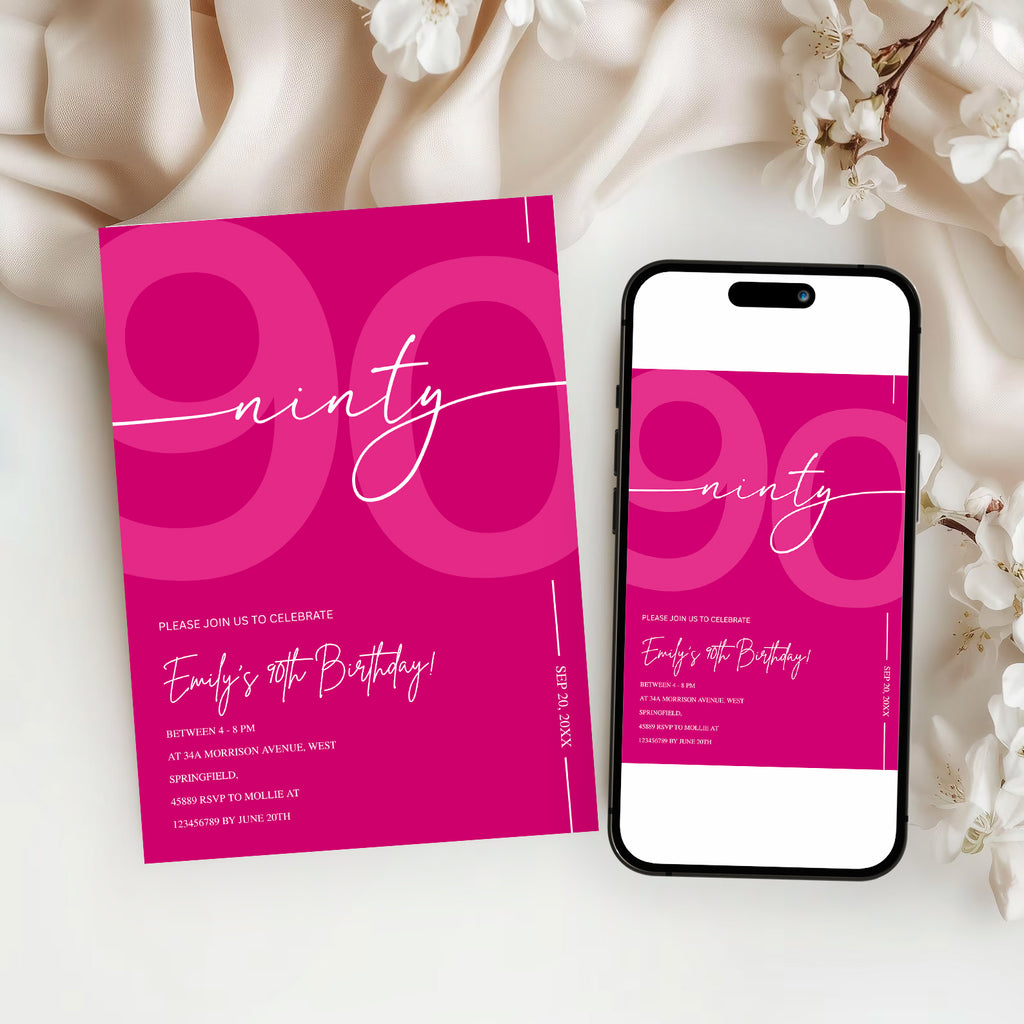 Modern Pink 90th Birthday Invitation | Minimalist Editable Canva Template
