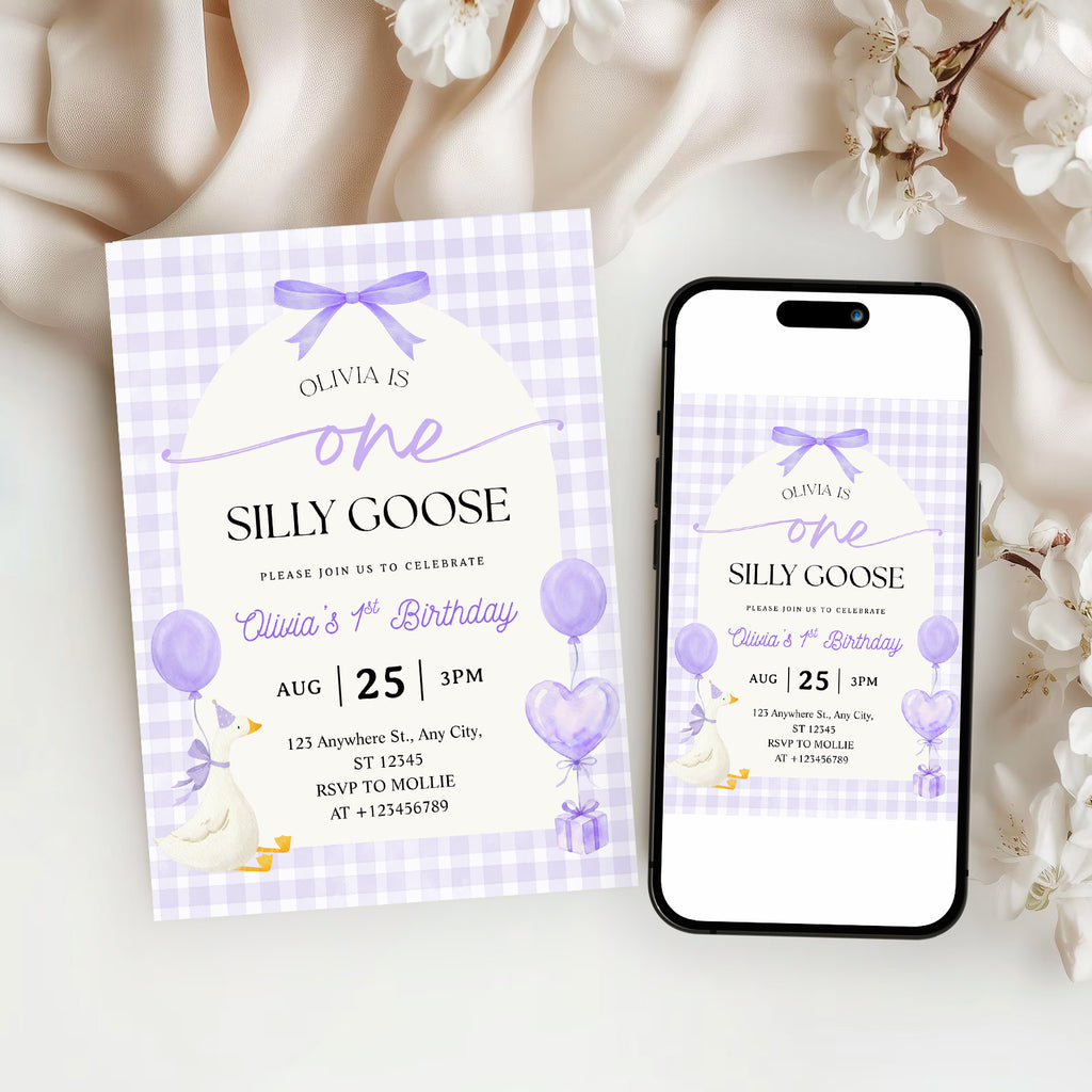 Editable One Silly Goose 1st Birthday Invitation | Purple Bow Gingham Canva Template – Instant Download