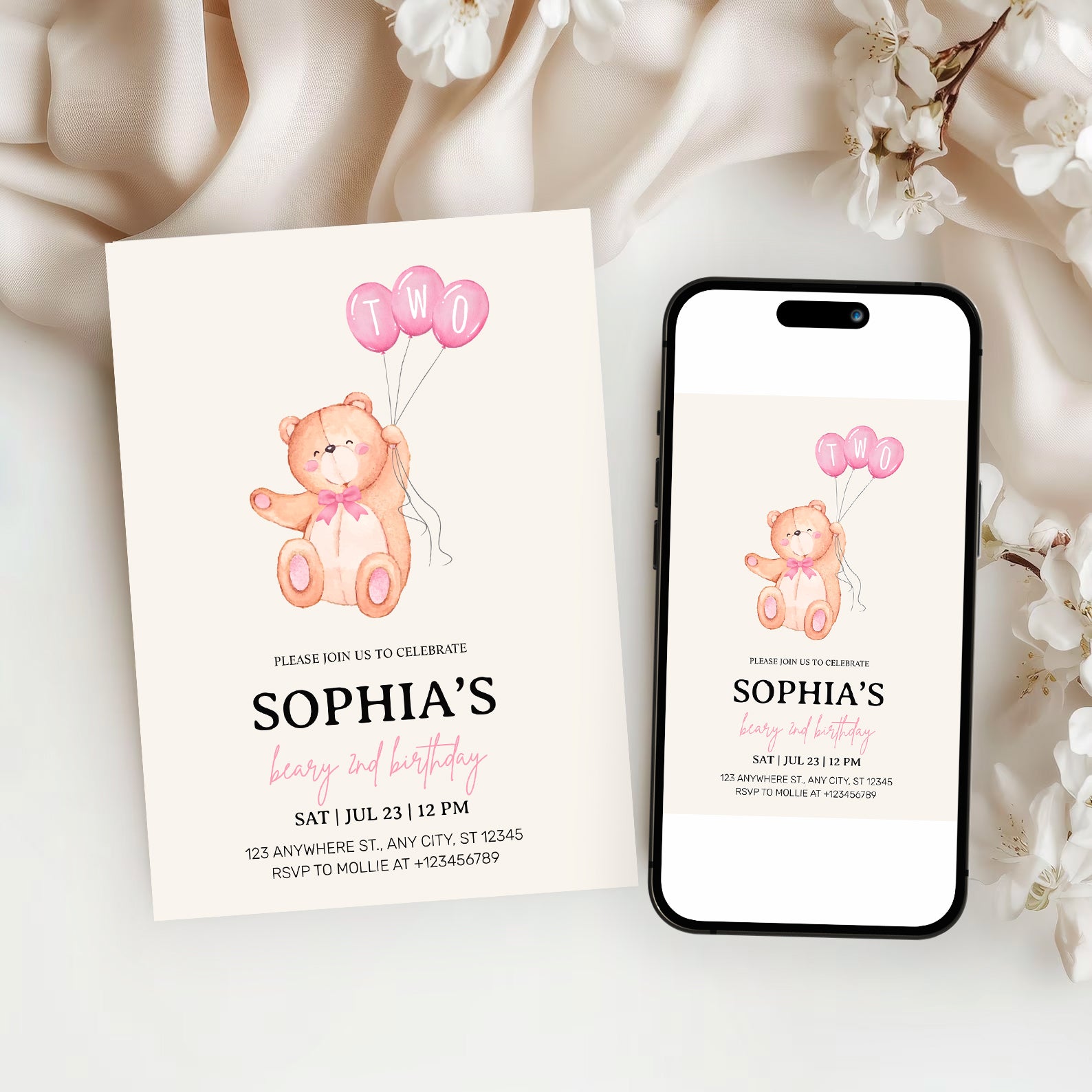 Beary Pink Balloon 2nd Birthday Teddy Invitation – Editable Canva Template