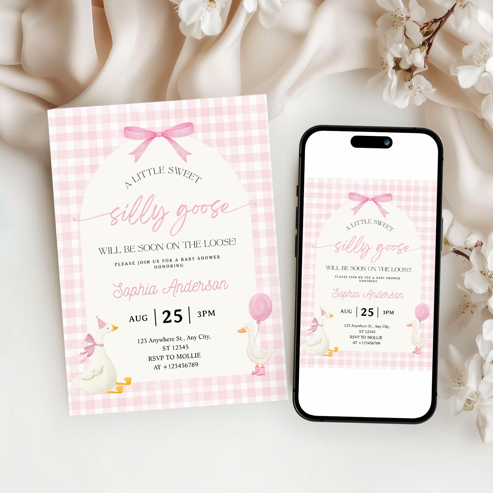 Editable Silly Goose Baby Shower Invitation | Pink Bow Gingham Canva Template – Instant Download