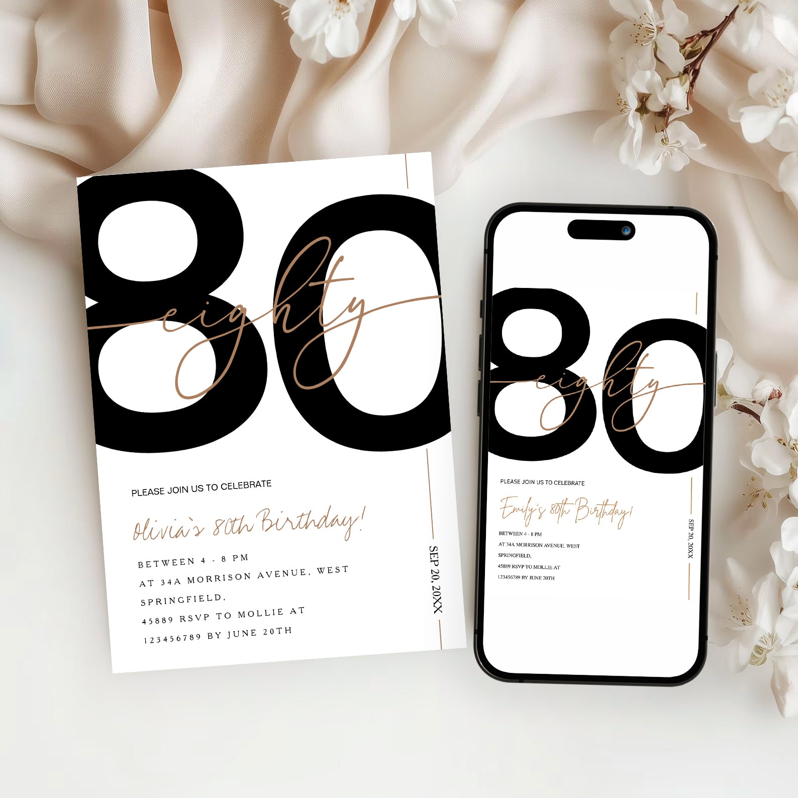 Modern Minimalist White & Gold 80th Birthday Party Invitation – Editable Canva Template