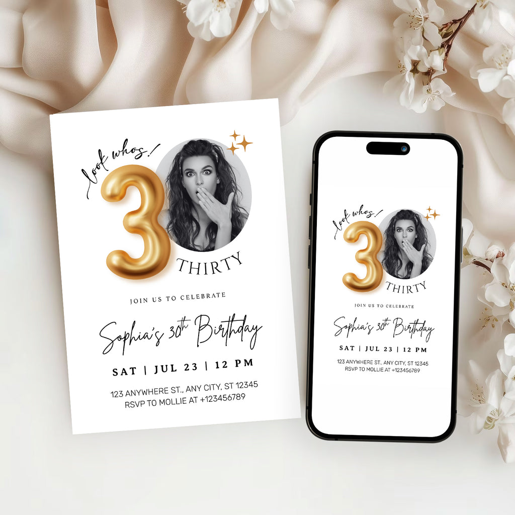 Modern Minimalist 30th Birthday Gold Balloon Photo Invitation Template | Elegant Milestone Party Invite | Editable & Instant Download