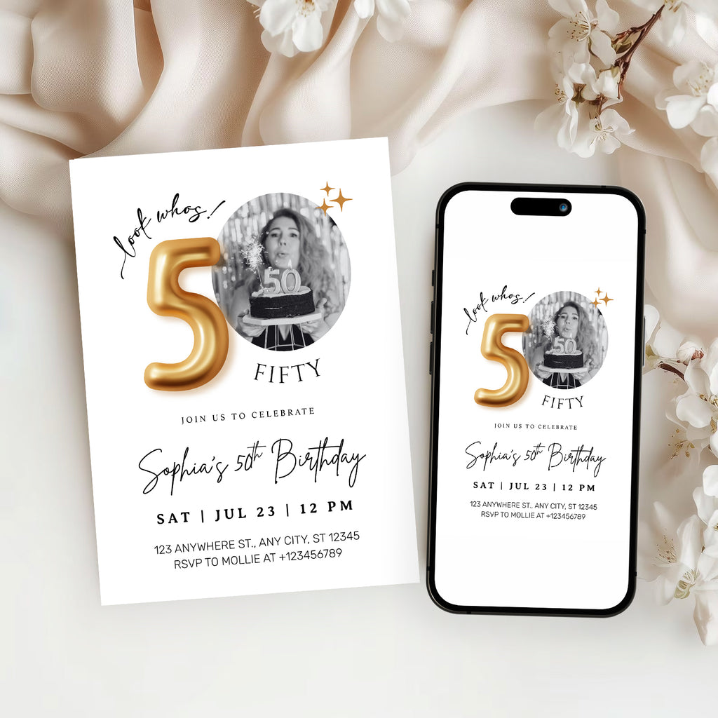 Modern Minimalist 50th Birthday Gold Balloon Photo Invitation Template | Elegant Milestone Party Invite | Editable & Instant Download