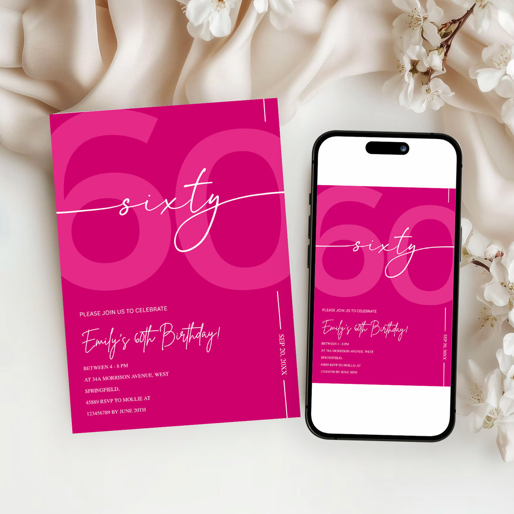 Modern Pink 60th Birthday Invitation | Minimalist Editable Canva Template