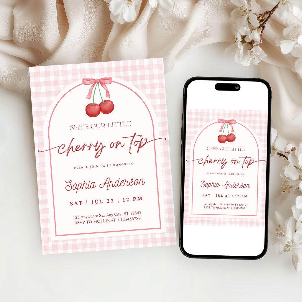 Editable She is the Cherry on Top Baby Shower Invitation | Gingham Cherry Canva Template – Instant Download