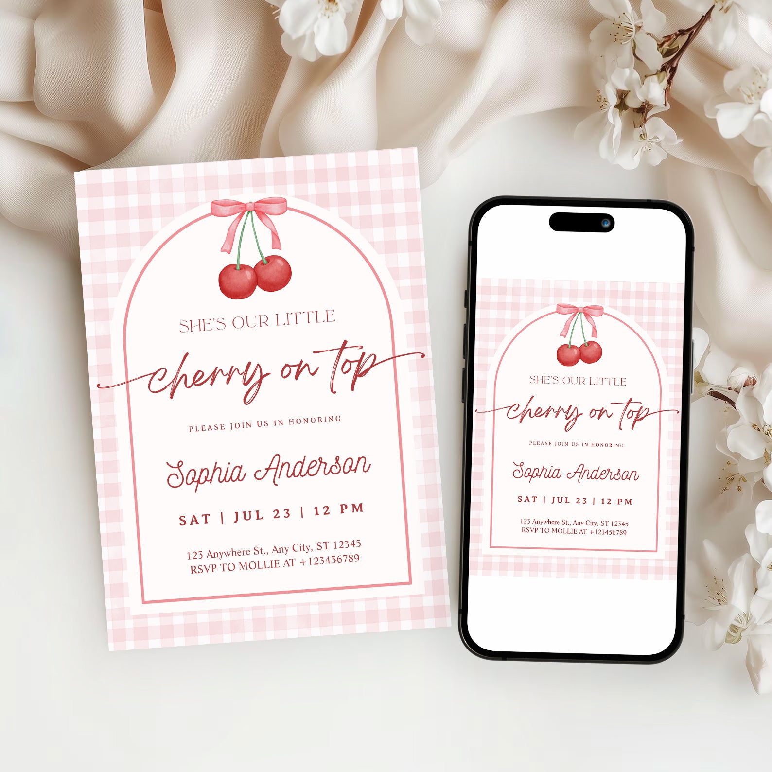 Editable She is the Cherry on Top Baby Shower Invitation | Gingham Cherry Canva Template – Instant Download