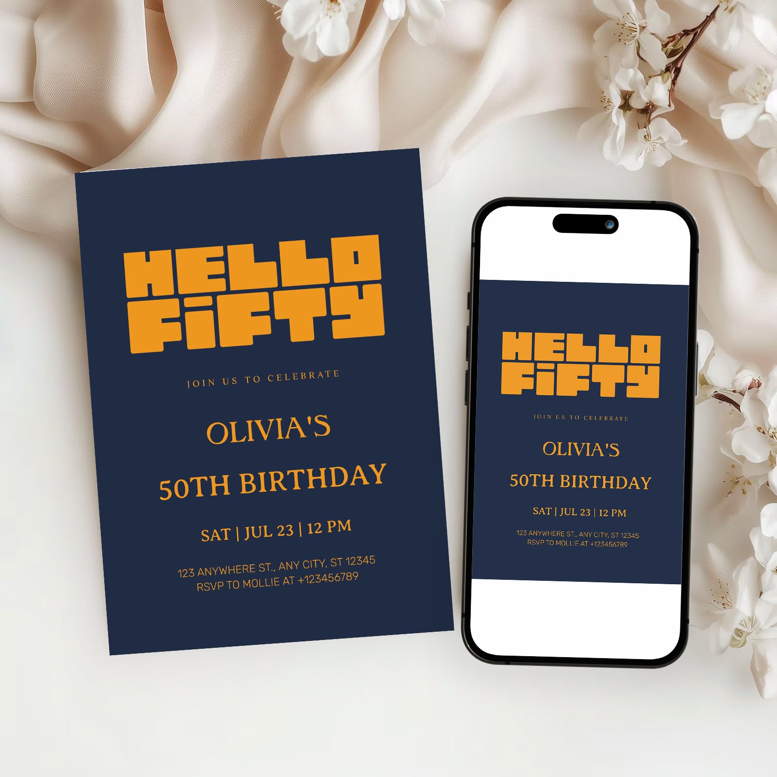 Hello Fifty Navy Blue 50th Birthday Invitation | Modern Milestone Party Invite | Elegant Birthday Celebration