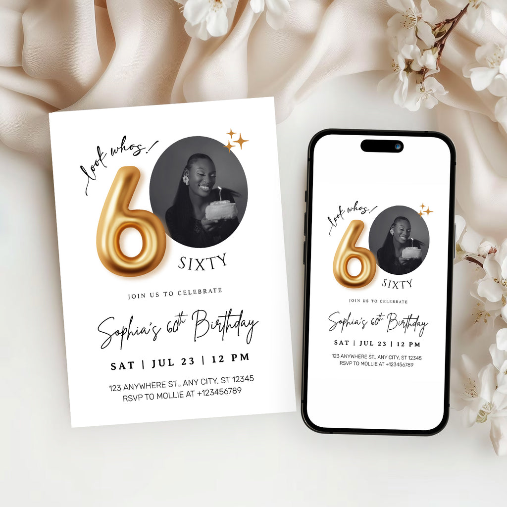 Modern Minimalist 60th Birthday Gold Balloon Photo Invitation Template | Elegant Milestone Party Invite | Editable & Instant Download