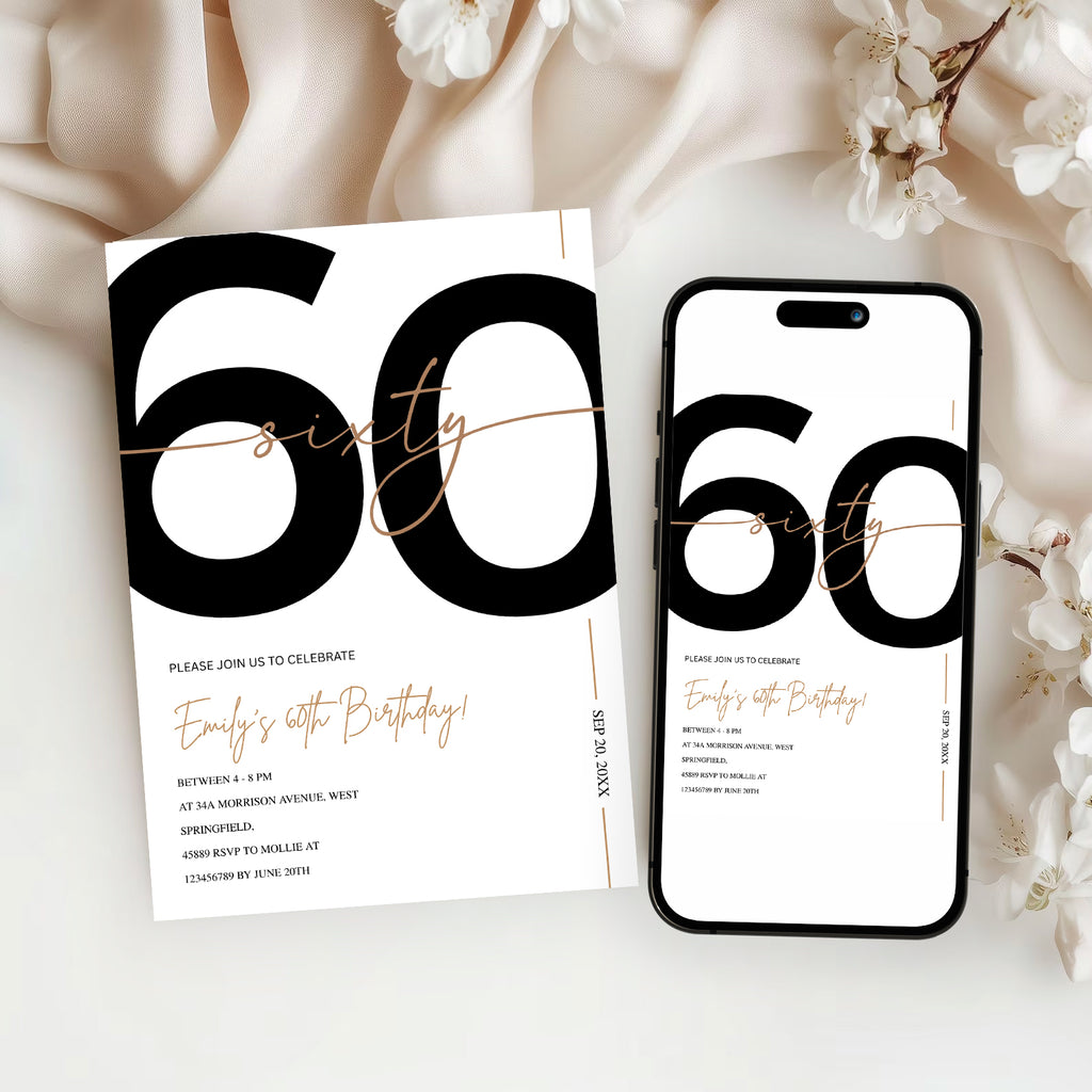 Modern Minimalist White & Gold 60th Birthday Party Invitation – Editable Canva Template