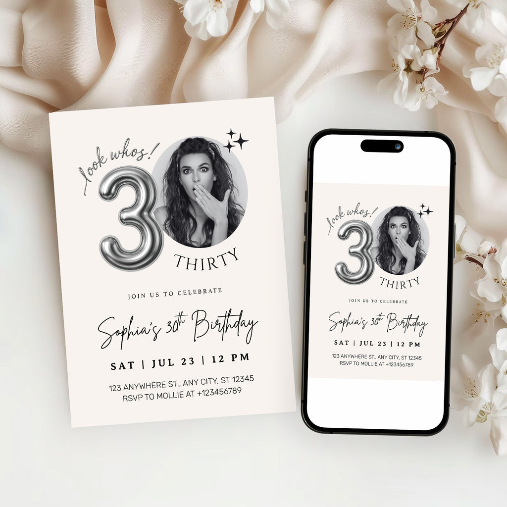 Editable 30th Birthday Photo Invitation Canva Template Silver Balloon Minimalist Party Invite Instant Download