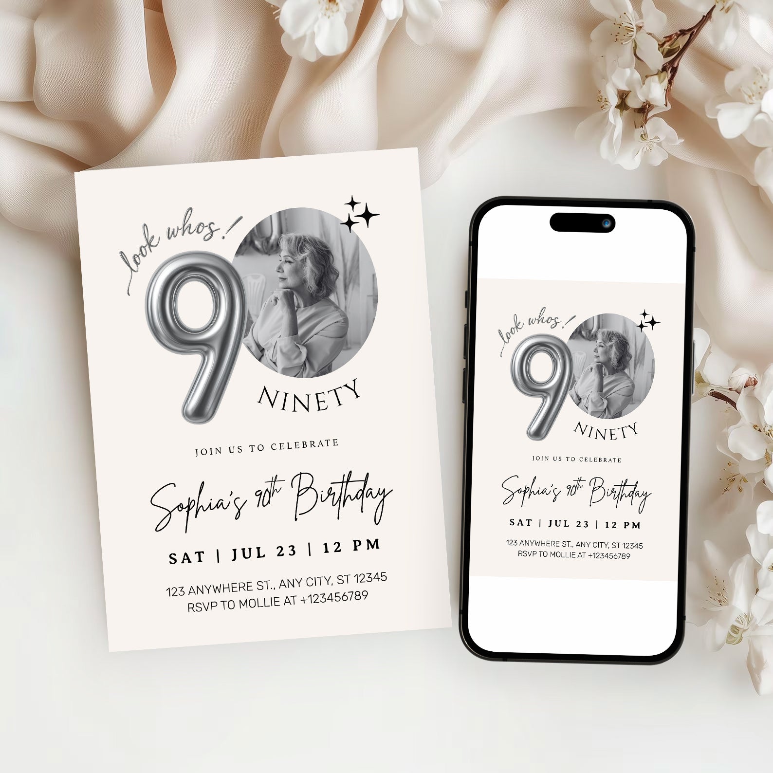 Editable 90th Birthday Photo Invitation Canva Template Silver Balloon Minimalist Party Invite Instant Download