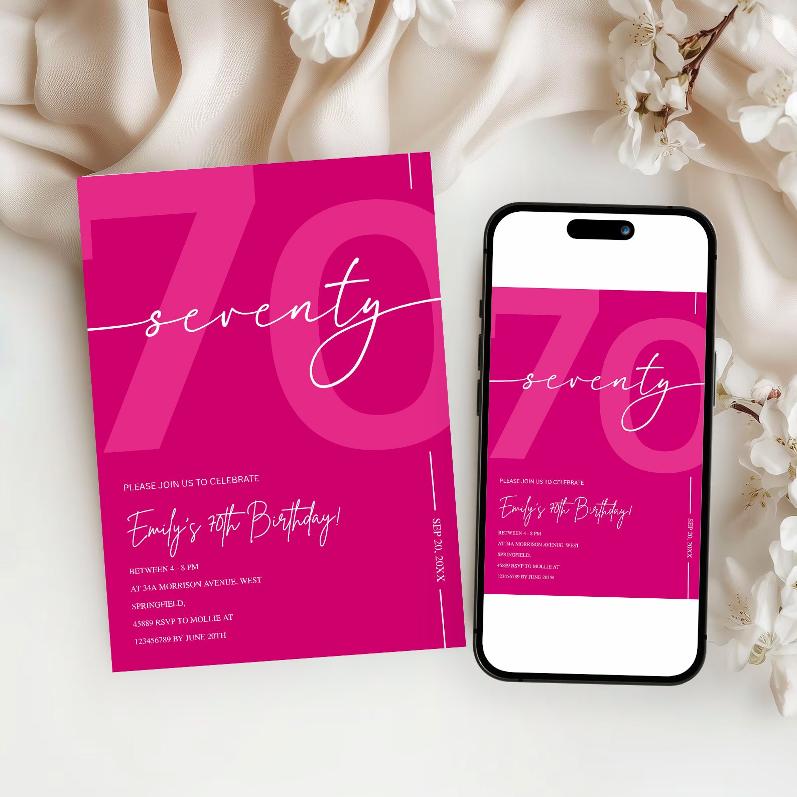 Modern Pink 70th Birthday Invitation | Minimalist Editable Canva Template
