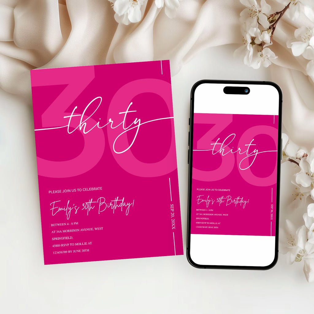 Modern Pink 30th Birthday Invitation | Minimalist Editable Canva Template