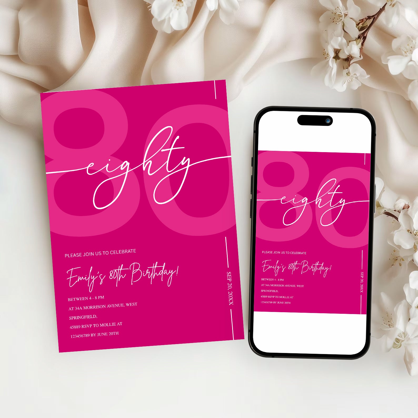 Modern Pink 80th Birthday Invitation | Minimalist Editable Canva Template