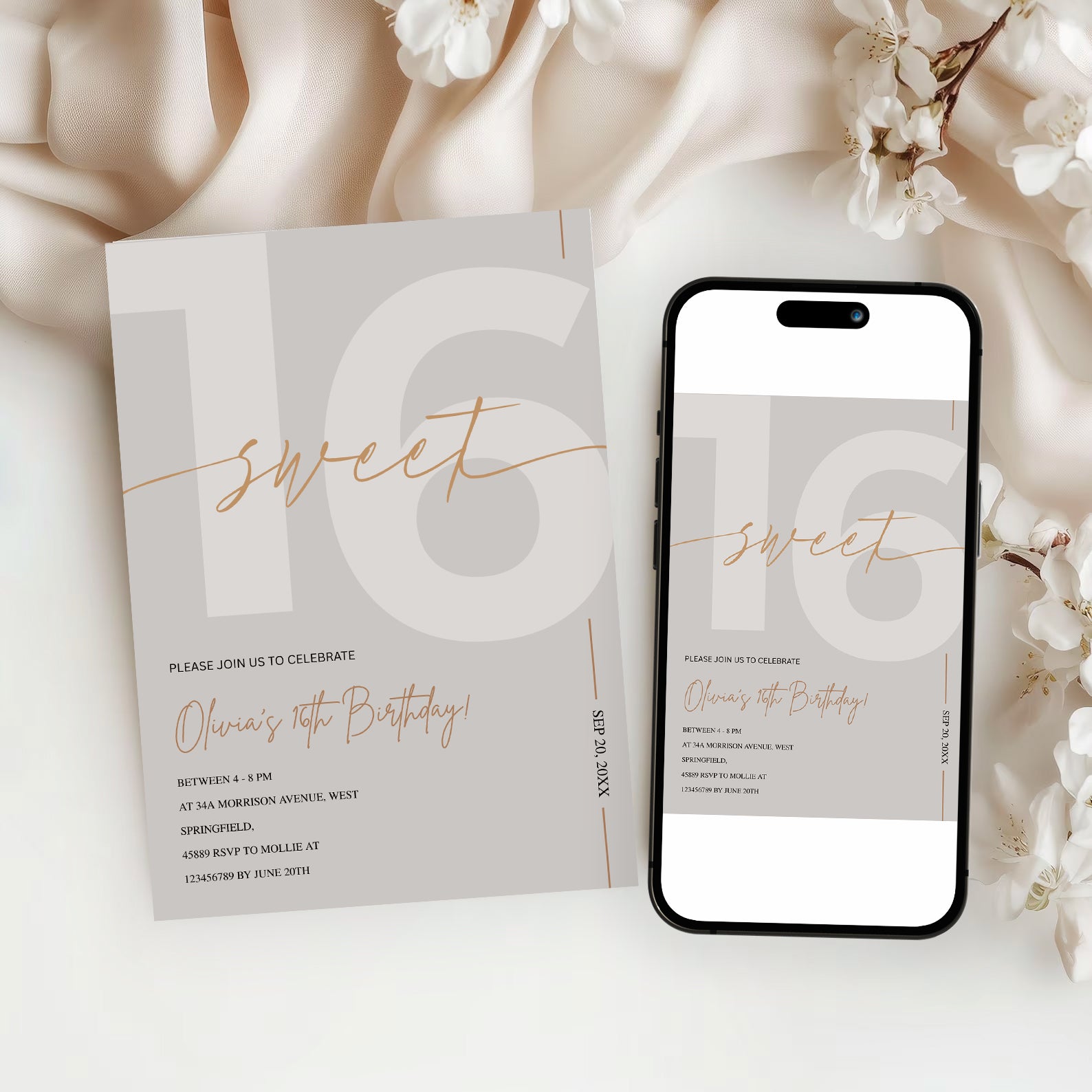Modern Beige & Gold Sweet 16th Birthday Invitation – Editable Canva Template