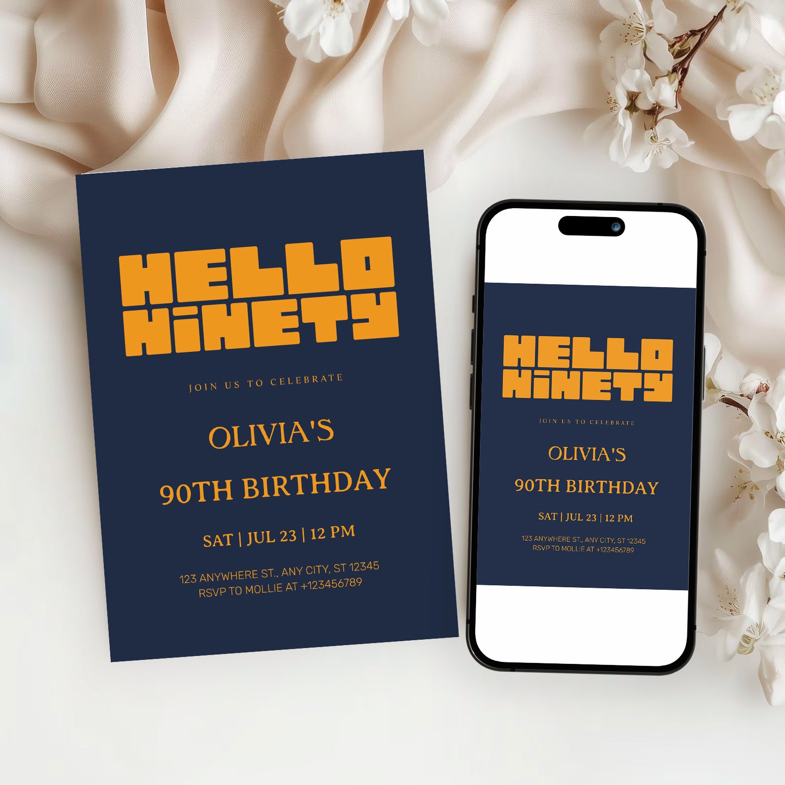 Hello Ninety Navy Blue 90th Birthday Invitation | Modern Milestone Party Invite | Elegant Birthday Celebration