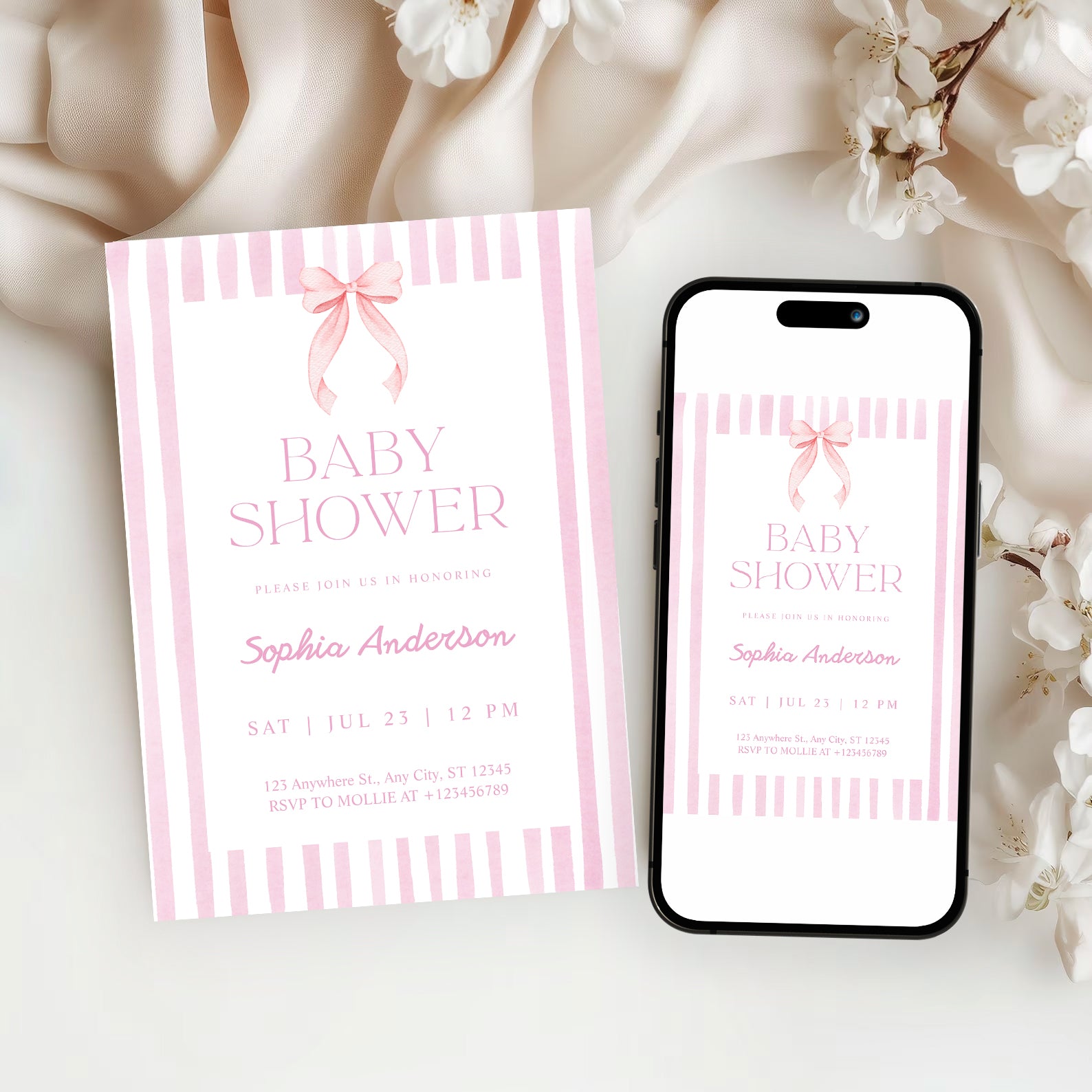 Editable Pink Striped Bow Baby Shower Invitation Template | Coquette Baby Shower Invite | Edit in Canva – Instant Download