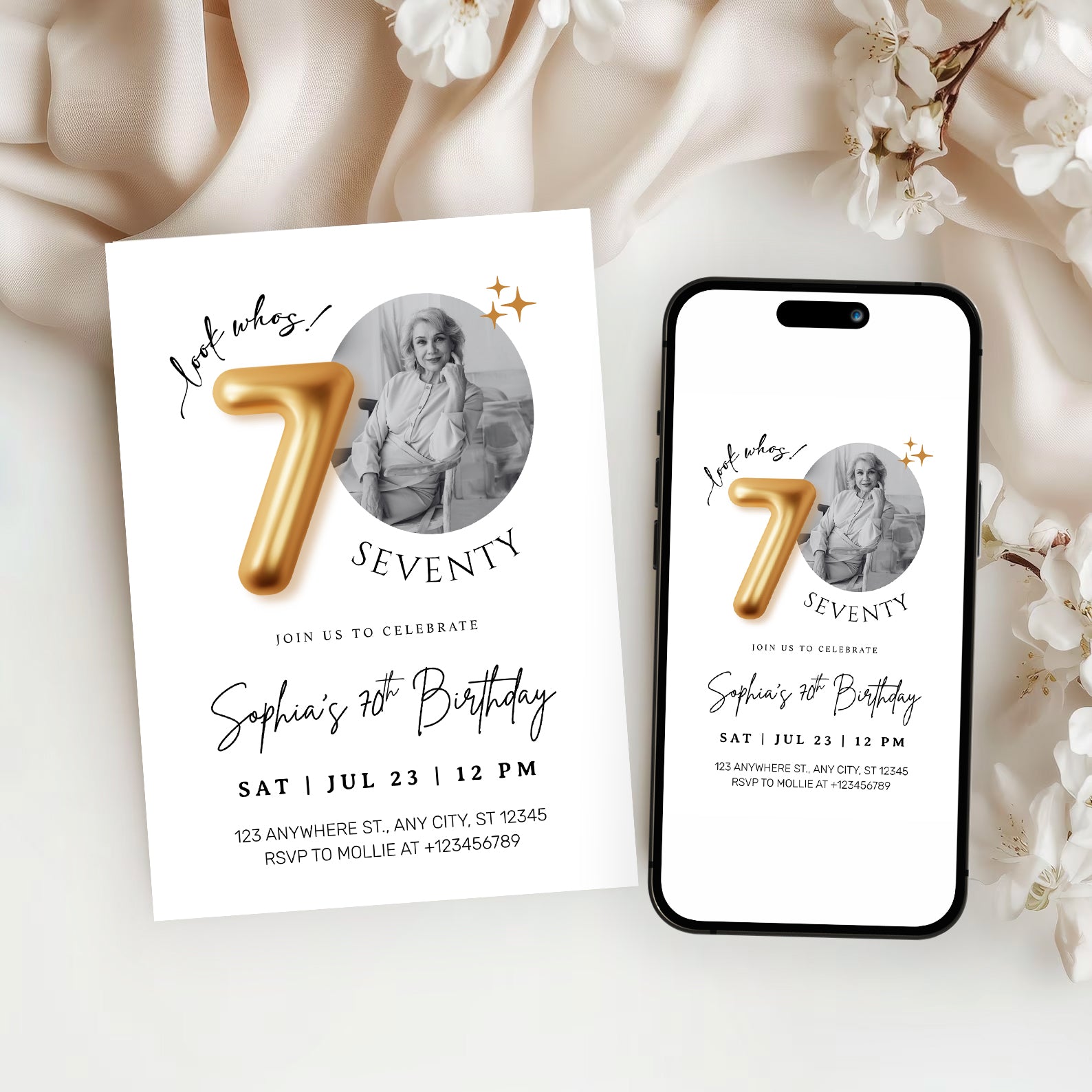 Modern Minimalist 70th Birthday Gold Balloon Photo Invitation Template | Elegant Milestone Party Invite | Editable & Instant Download