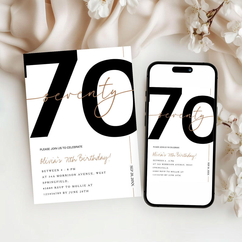 Modern Minimalist White & Gold 70th Birthday Party Invitation – Editable Canva Template