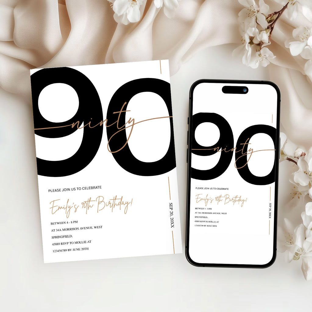 Modern Minimalist White & Gold 90th Birthday Party Invitation – Editable Canva Template