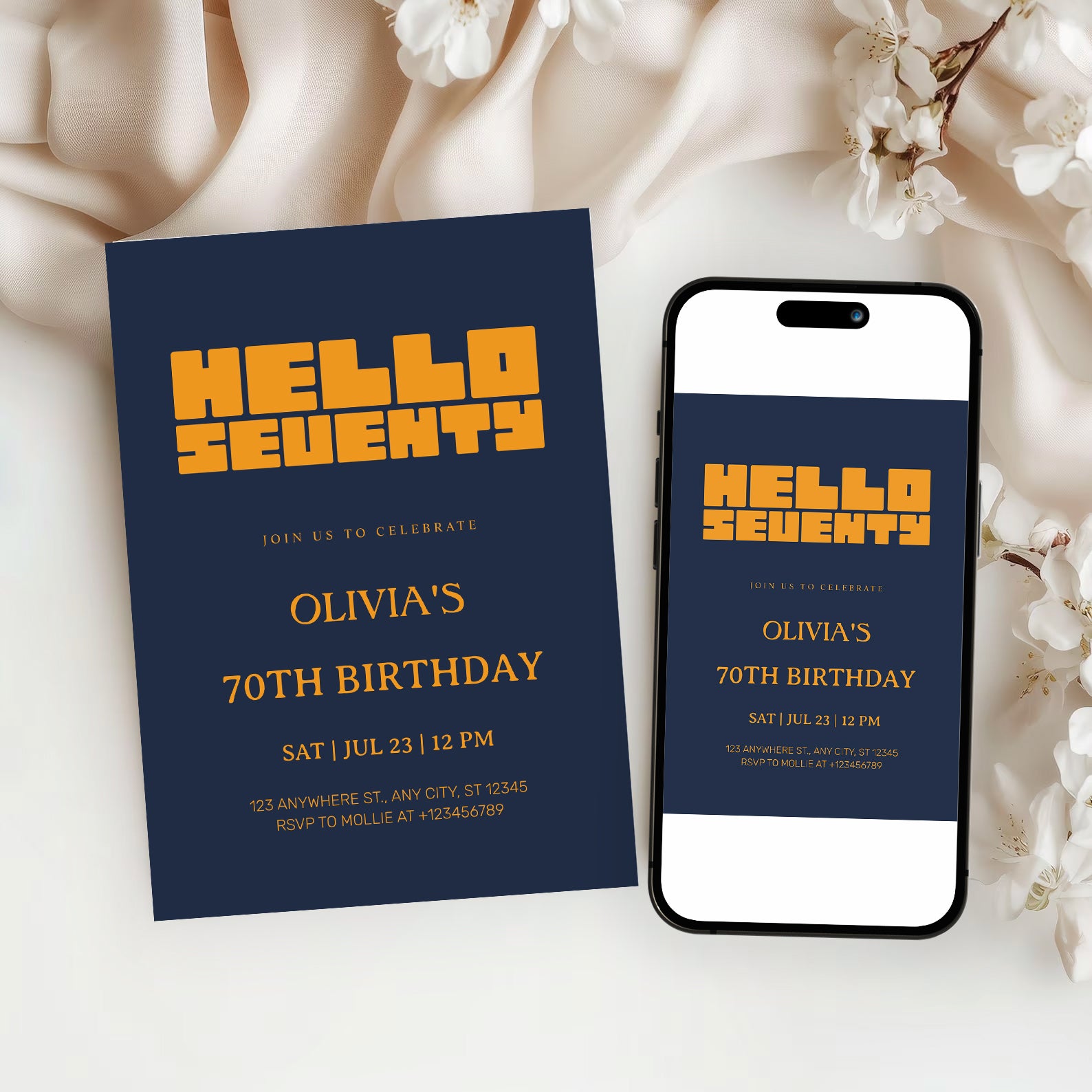 Hello Seventy Navy Blue 70th Birthday Invitation | Modern Milestone Party Invite | Elegant Birthday Celebration
