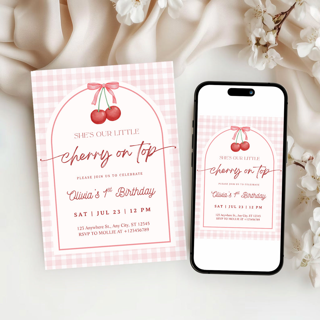 Editable “Cherry on Top” 1st Birthday Invitation | Gingham First Birthday Canva Template – Instant Download