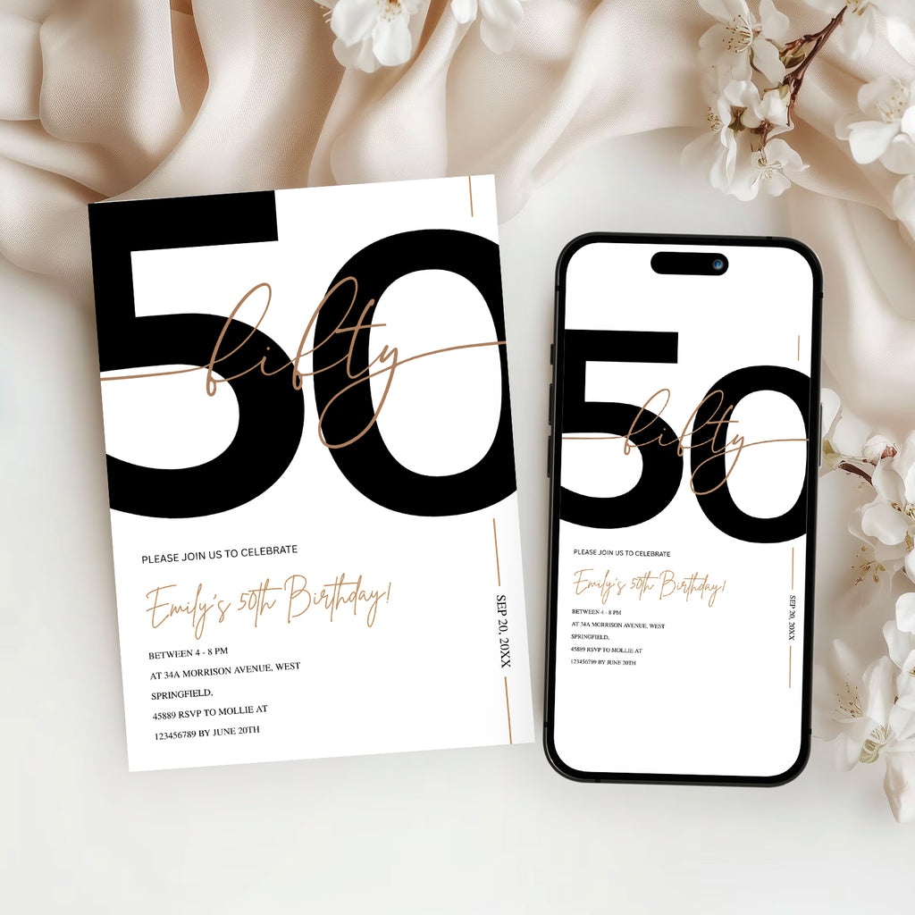 Modern Minimalist White & Gold 50th Birthday Party Invitation – Editable Canva Template