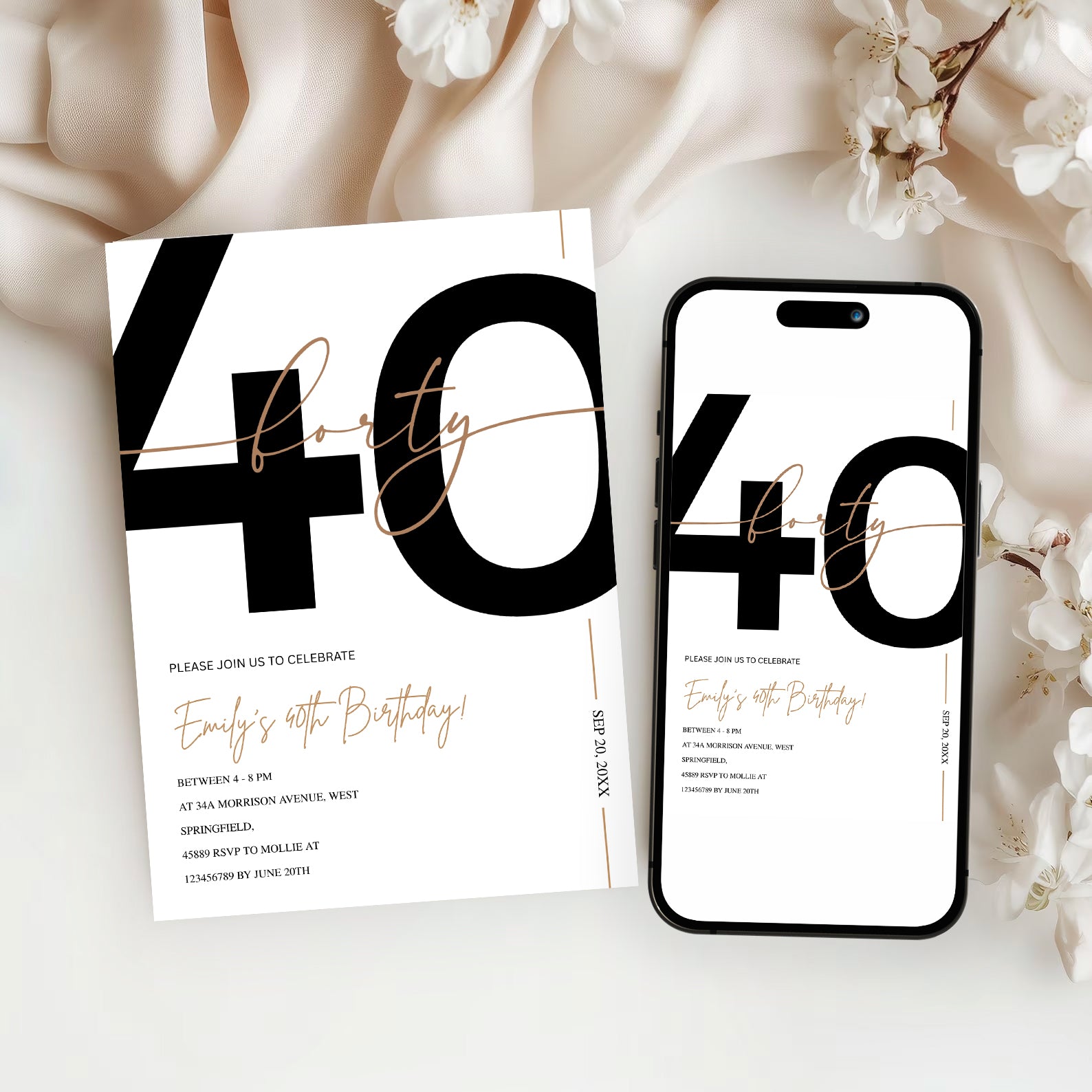 Modern Minimalist White & Gold 40th Birthday Party Invitation – Editable Canva Template