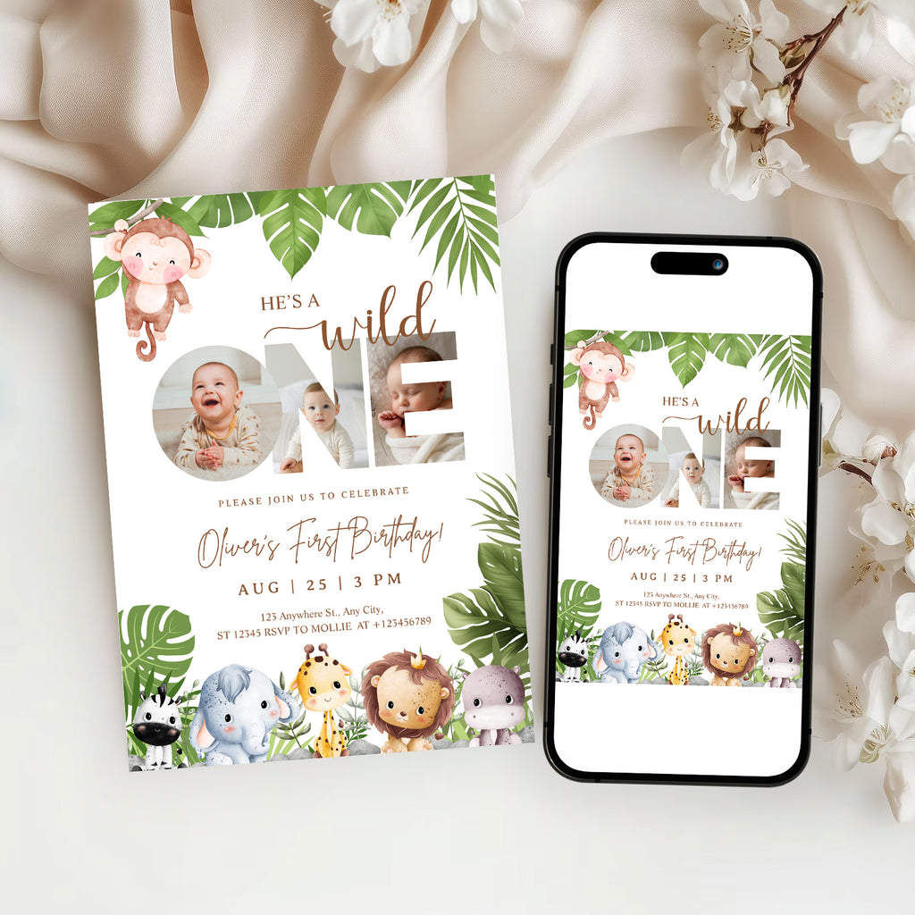 Editable Wild One Jungle 1st Birthday Photo Invitation | Safari Baby Canva Template – Instant Download