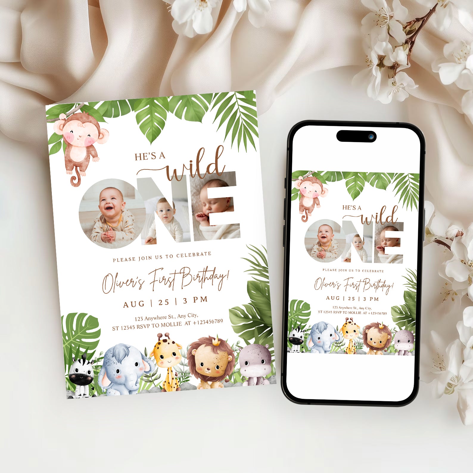 Editable Wild One Jungle 1st Birthday Photo Invitation | Safari Baby Canva Template – Instant Download