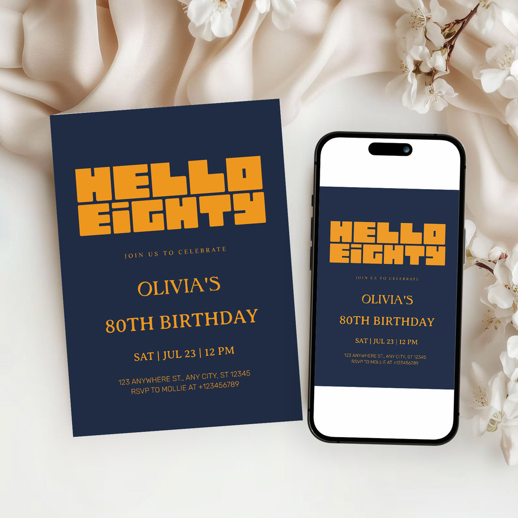 Hello Eighty Navy Blue 80th Birthday Invitation | Modern Milestone Party Invite | Elegant Birthday Celebration