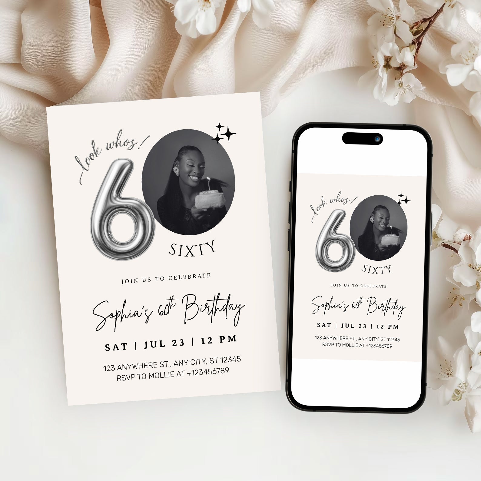 Editable 60th Birthday Photo Invitation Canva Template Silver Balloon Minimalist Party Invite Instant Download