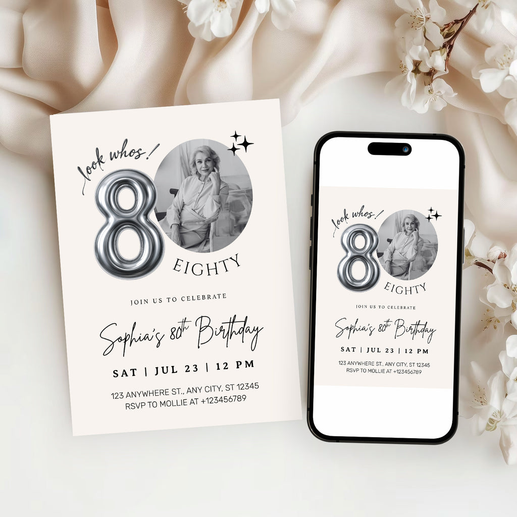 Editable 80th Birthday Photo Invitation Canva Template Silver Balloon Minimalist Party Invite Instant Download
