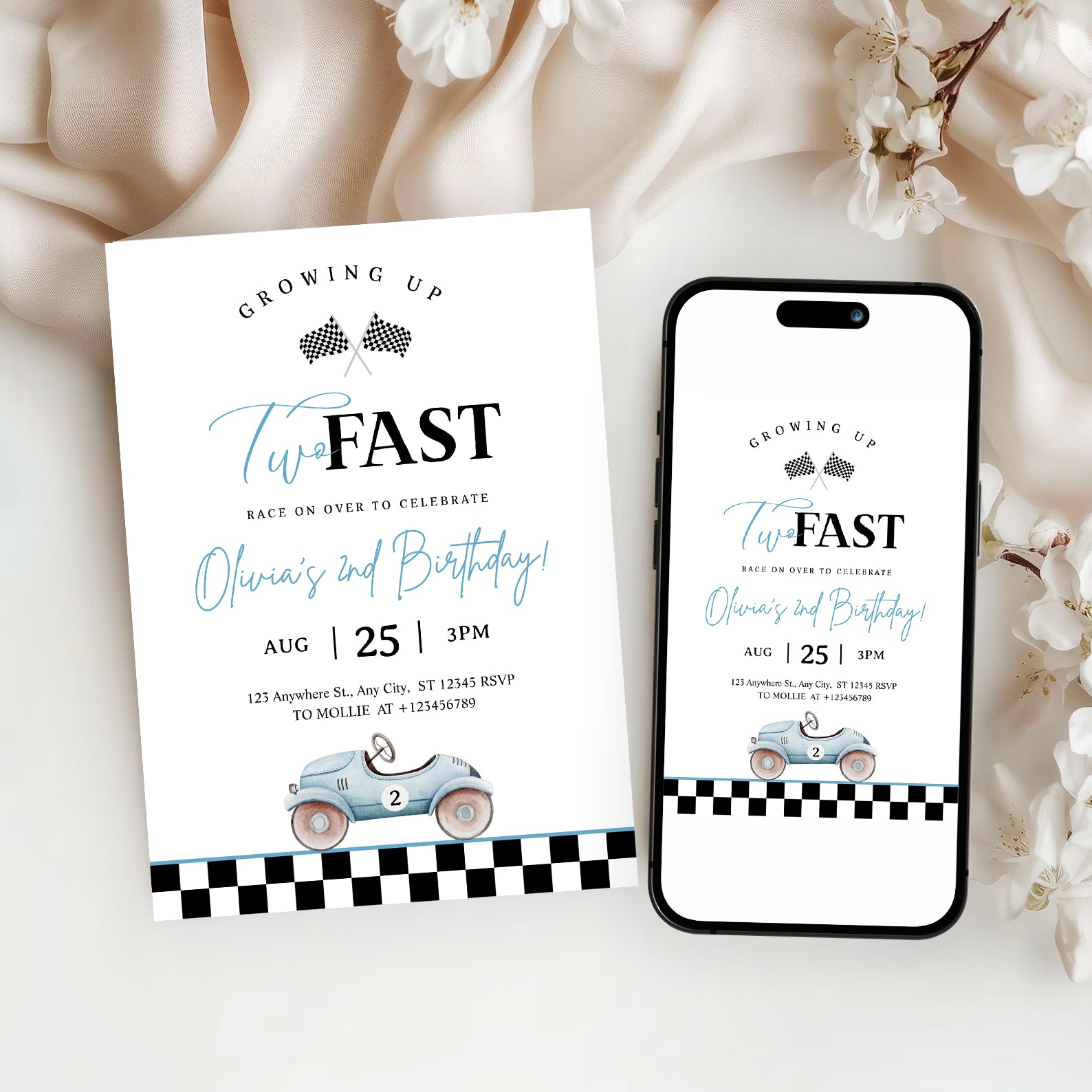 Growing Up Two Fast 2nd Birthday Invitation | Blue Vintage Race Car Party Invite