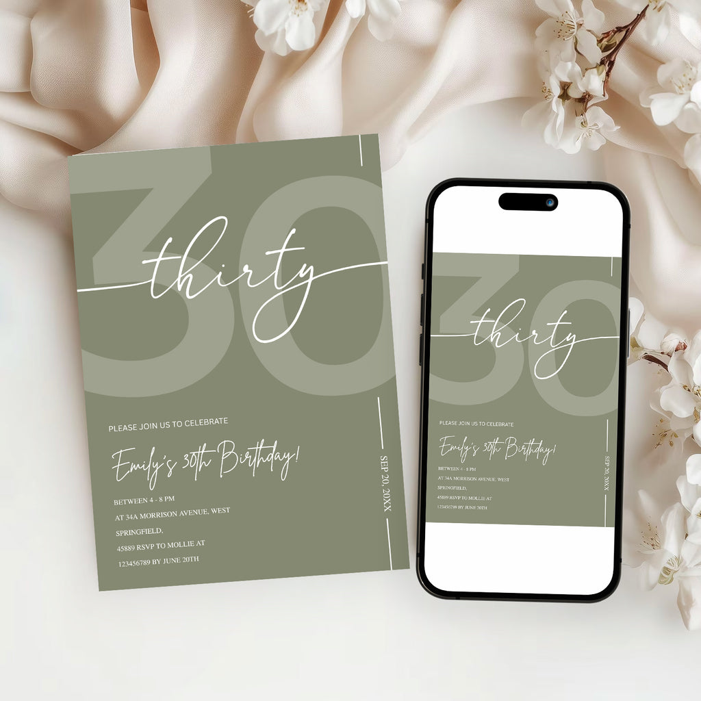 Elegant Sage Green 30th Birthday Invitation Template | Minimalist Thirty Milestone Party Invite | Editable & Instant Download
